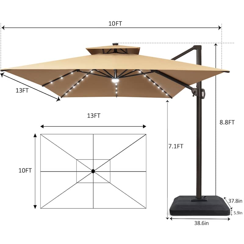 Pellebant 10 x 13FT Outdoor Rectangular Cantilever Patio Umbrella Solar LED Lighted with Premium Base