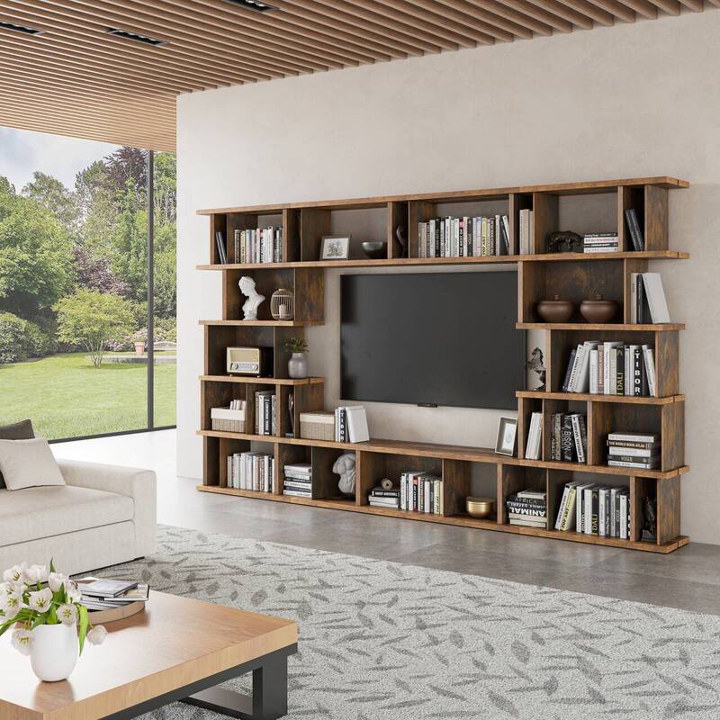 Davee Geometric Entertainment Media Center - 72" H x 124" W x 12.5" D - Dark Walnut - 72" H x 124" W x 12.5" D