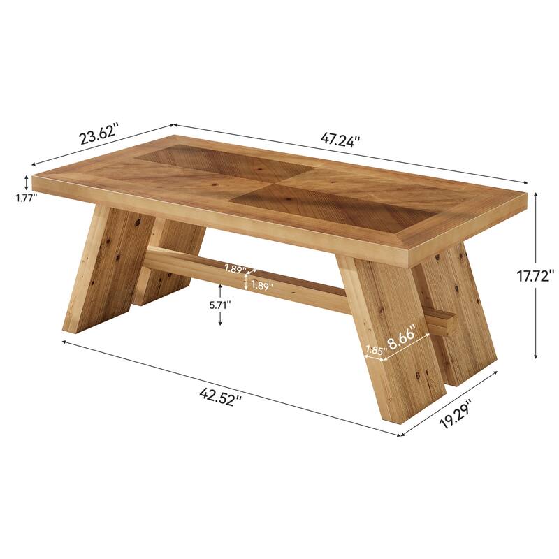 47" Farmhouse Coffee Table, Solid Wood Rectangular Center Table with Geometric Wood Grain