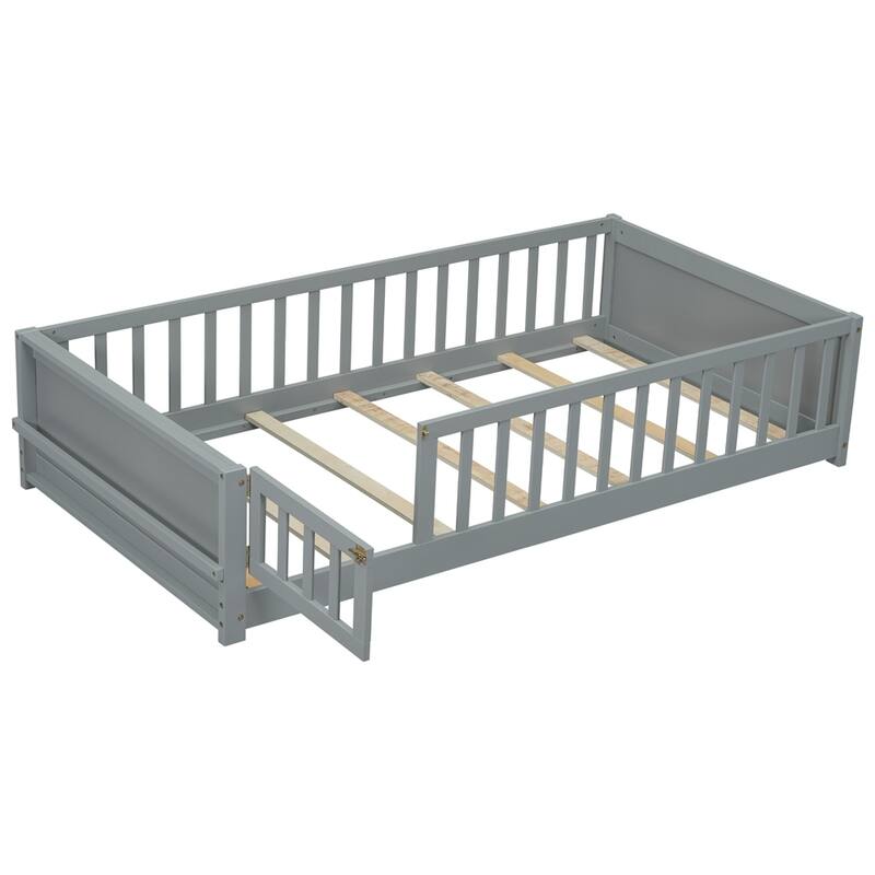 Twin Size Wood Platform Bed with Built-in Book Storage Rack and Door