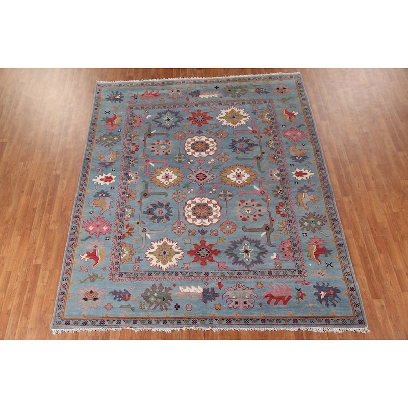 Light Blue Oushak Area Rug Hand-Knotted Oriental Wool Carpet - 8'3"x 9'10"
