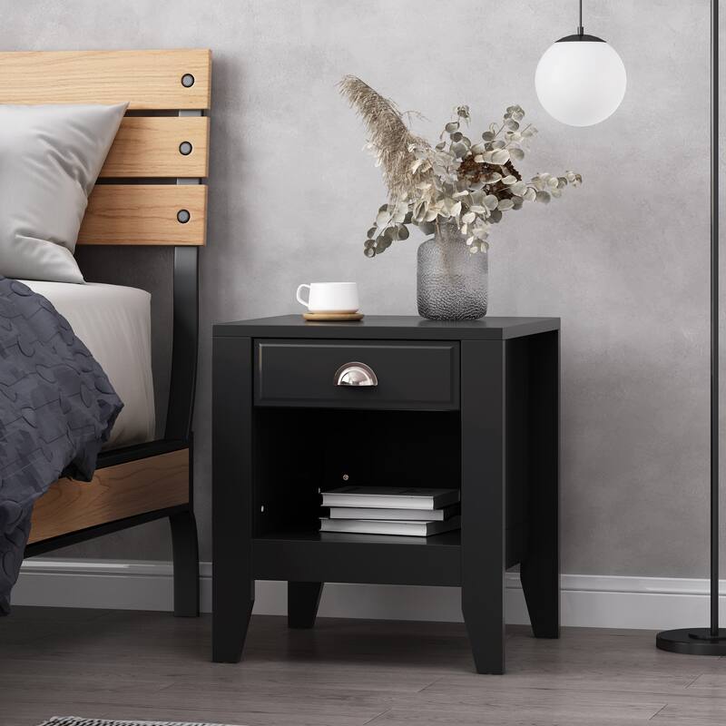 Modern Nightstand with Drawer and Open Shelf, Wood Bedside Table, 2-Tier Night Table