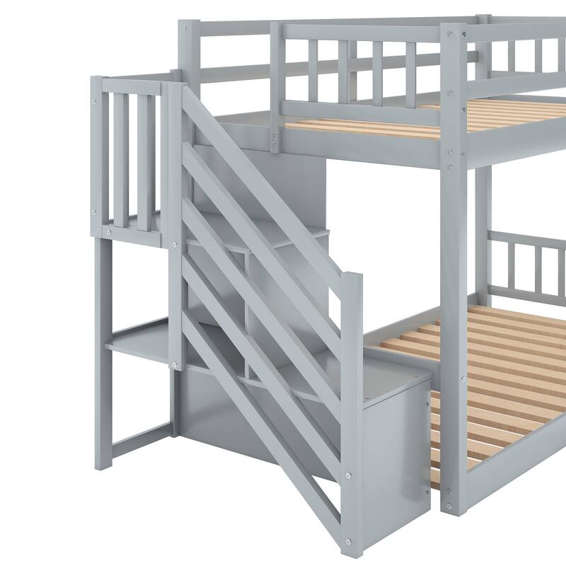 Twin Size Floor Bunk Bed w/Stairs, Twin Over Twin Wood Bunkbeds Frame