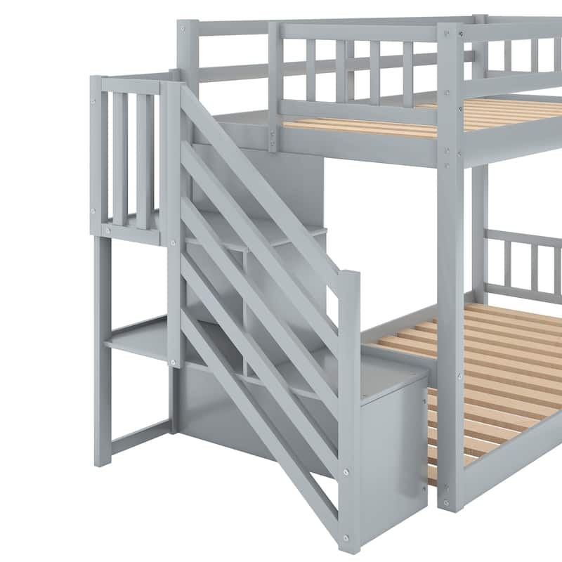 Twin over Twin Bunk Bed Floor Bed with Ladder with Storage
