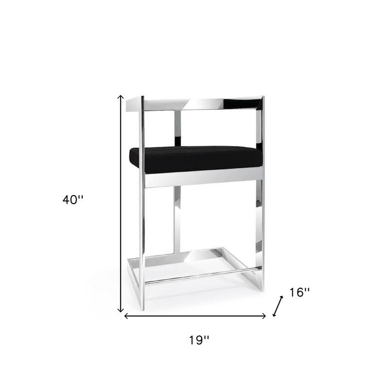 HomeRoots 30" Black and Silver Velvet and Stainless Steel Low Back Bar Height Bar Chair