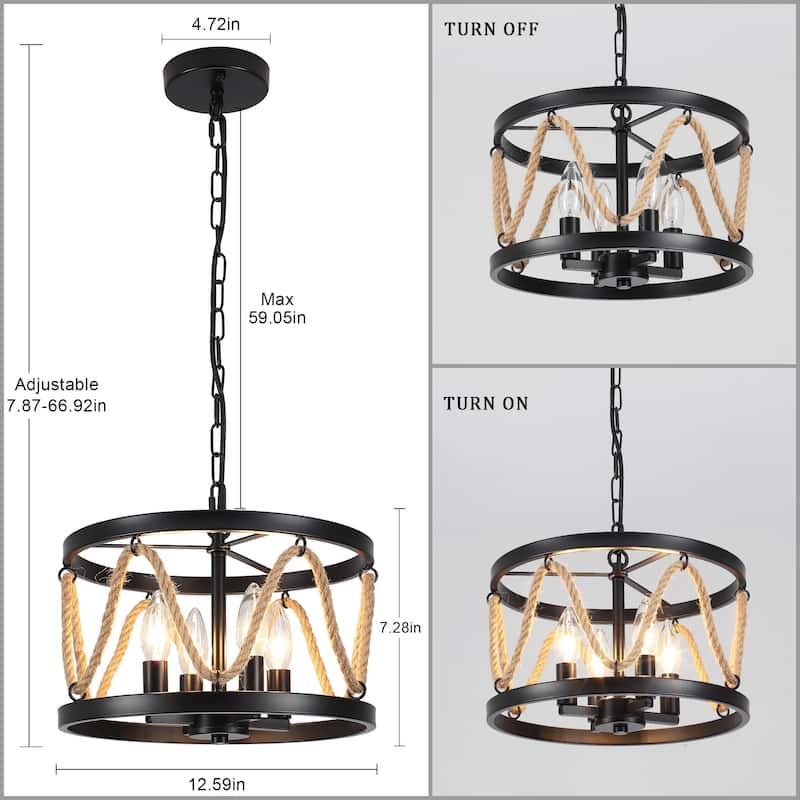 4-Light Drum-shaped Chandelier with Hemp Rope for Kitchen Living Room