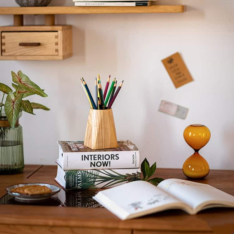 RusticReach Ash Wood Desktop Pen Holder