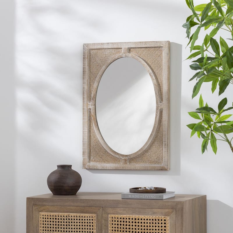 Bordean Coastal Distressed Rattan Rectangular Wall Mirror - Khaki