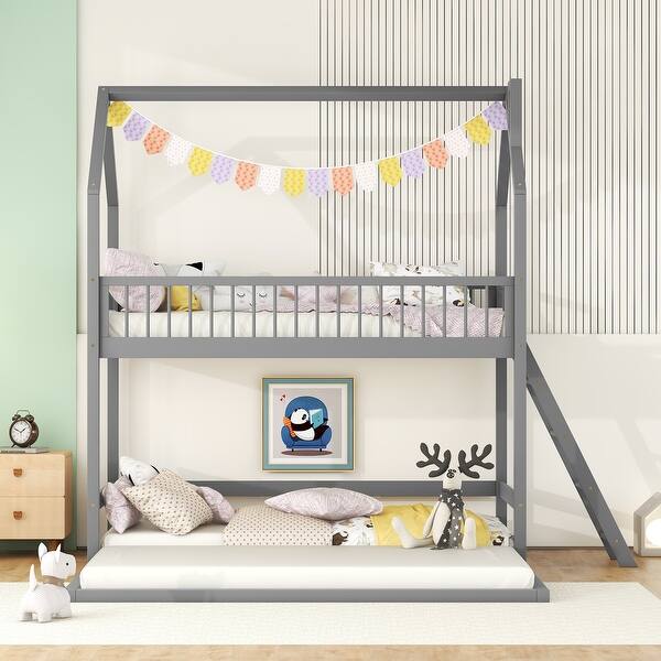 slide 2 of 24, Twin Over Twin-Twin House Bunk Bed with Extending Trundle for 3 Kids/Adults, Convertible Solid Wood Triple Bunkbed w/Guardrail Gray - Twin