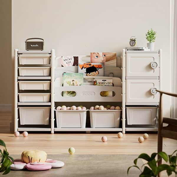 slide 2 of 10, Kids Toy Storage Organizer 8 Cabinet Removable Toy Bins, 4-Tier Book Organizers and 2 Cabinet, Kids Bookshelf and Toy Storage Grey+Ivory