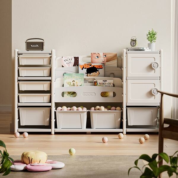 slide 2 of 9, Kids Toy Storage Organizer 8 storage cabinet Removable Toy Bins, 4-Tier Book organizers Storage and 2 cabinet storage Grey+Ivory