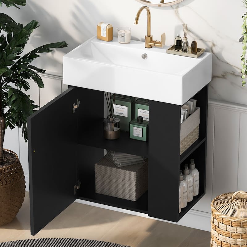 Wall-Mounted Bathroom Vanity Small Space Floating Cabinet with Sink, Wave-Patterned Door, Metal Handle and Right Side Storage