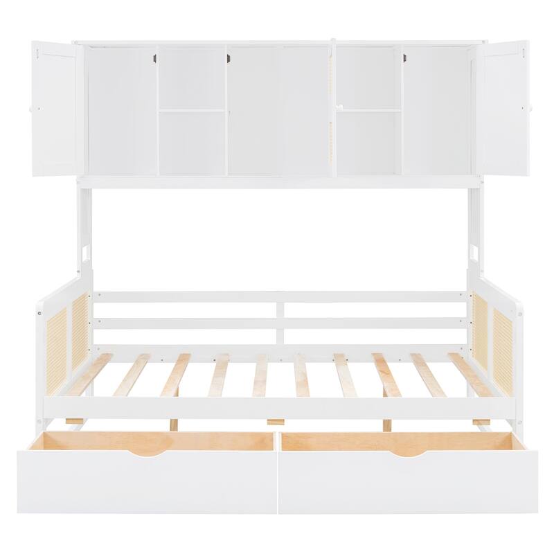 Full Size Wooden Daybed with 2 Drawers and All-in-One Cabinet and Shelf for Practical Bedroom Storage, Platform Bed Frame