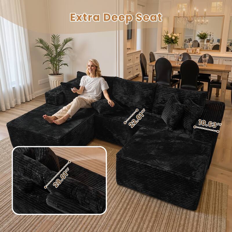 HOOOWOOO Modern Plush Corduroy L-shaped Sofa Chaise Lounge with Ottoman