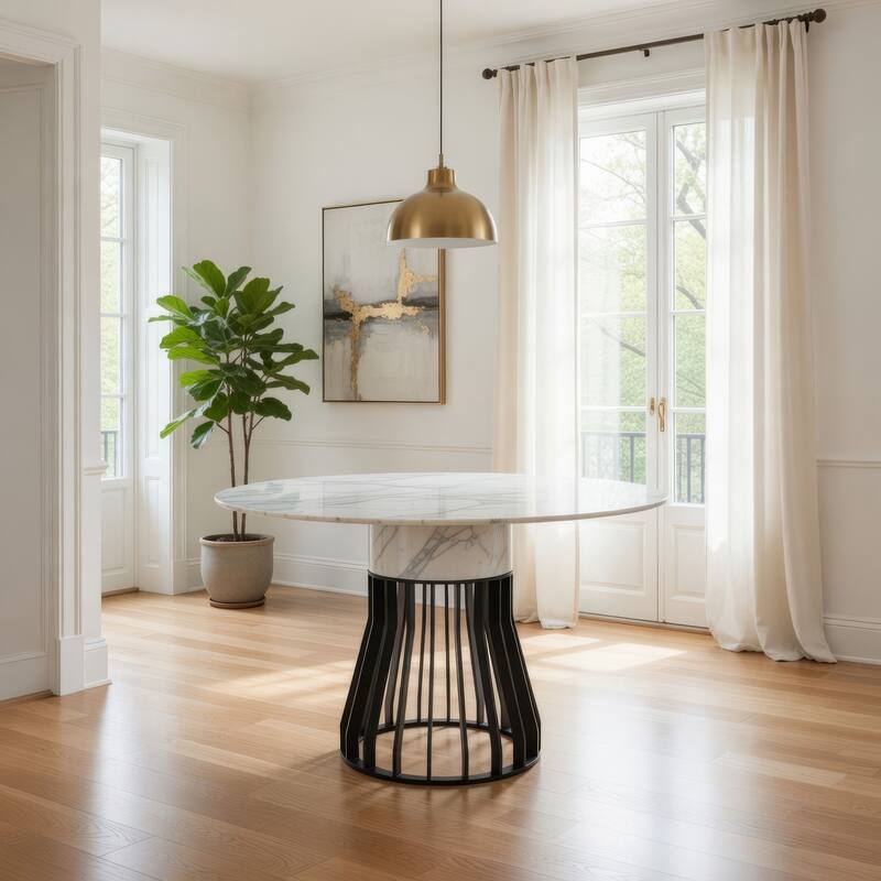 Jett 47 Inch Dining Table, White Round Marble Top, Metal Cage Frame Base