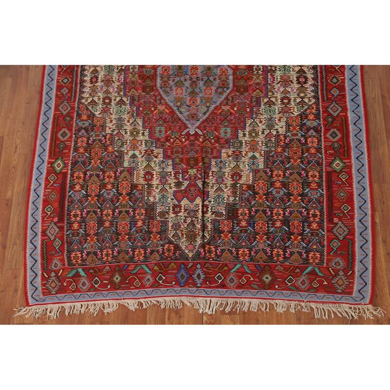 Geometric Kilim Senneh Persian Vintage Area Rug Flatweave Wool Carpet - 5'6" x 8'2"