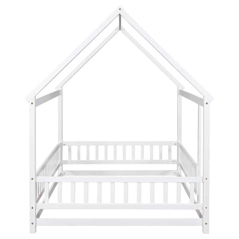 Full/Twin Size Wooden Bed with House Roof Frame and Fence Guardrails