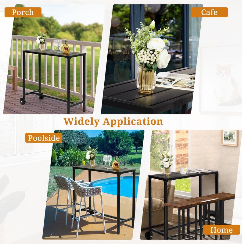 39.4" Black Iron Bar Table with Wheels Heavy-Duty Outdoor Patio Table Weatherproof and Portable - (39.4 x 15.7 x 37) in