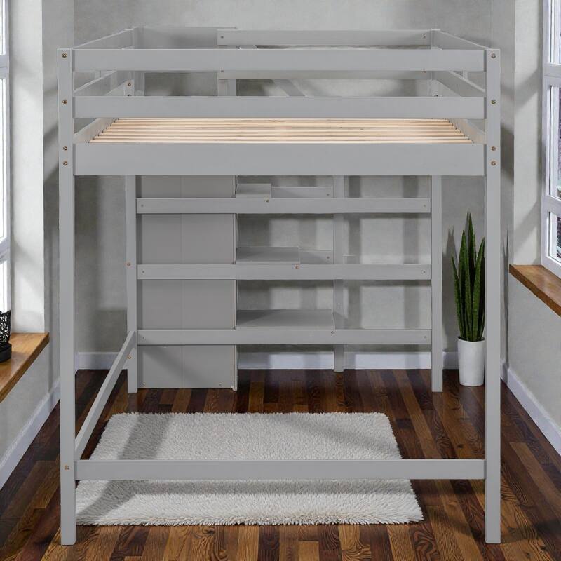 Full Size Loft Bed with Built-in Storage Wardrobe and Staircase, Solid Wood Space-Saving Loft Frame