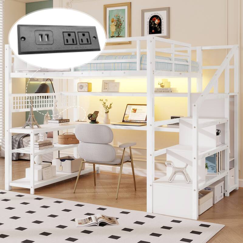 Full Size Metal Loft Bed with Staircase and Wardrobe, Loft Bed Frame with Desk, Storage Shelves, LED Lights and Charge Station