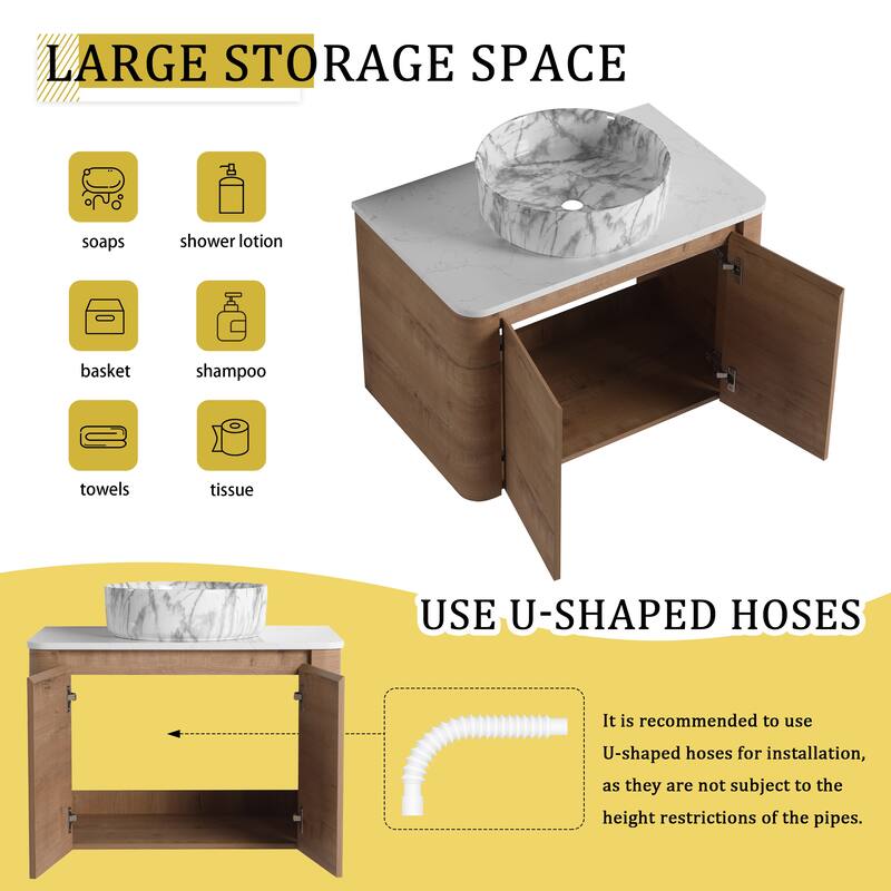30'' Wall-Mounted Bathroom Vanity With Ceramic Art Sink & 2-Soft-Close Door, KD-Packing, Plywood