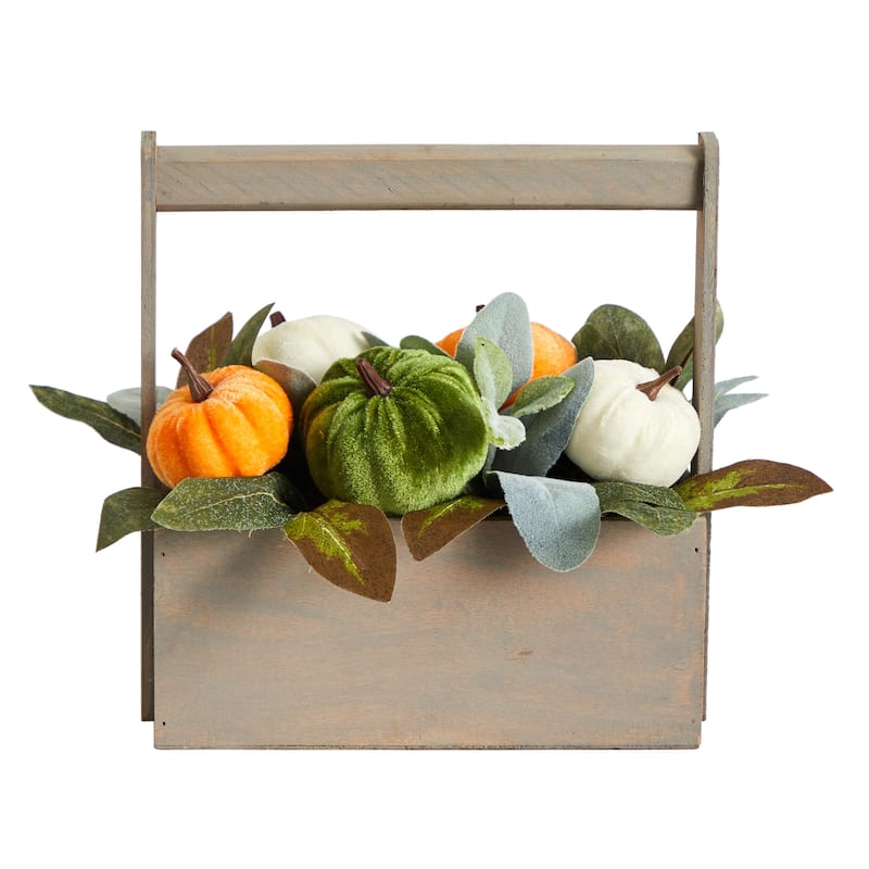 10” Pumpkin Fall Harvest Artificial Arrangement with Wood Basket