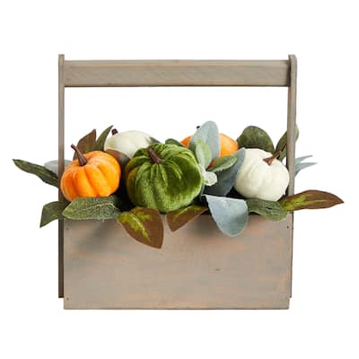 10” Pumpkin Fall Harvest Artificial Arrangement with Wood Basket