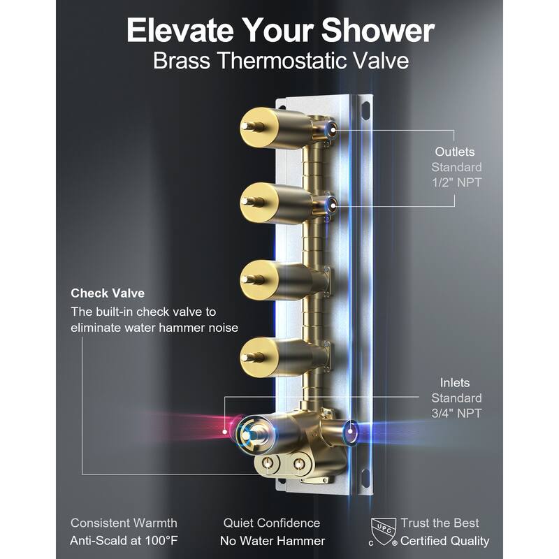 GRANDJOY Luxury Shower Faucets 22" LED Ceiling Mount Rainfall Shower Head System with 6 Body Jets