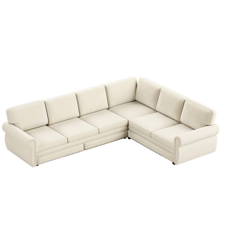 L-Shaped Sofa Couch with Pull-Out Bed, Convertible Sleeper Sofa with Nailhead Trim & Rolled Arms, Chenille Upholstered Couch