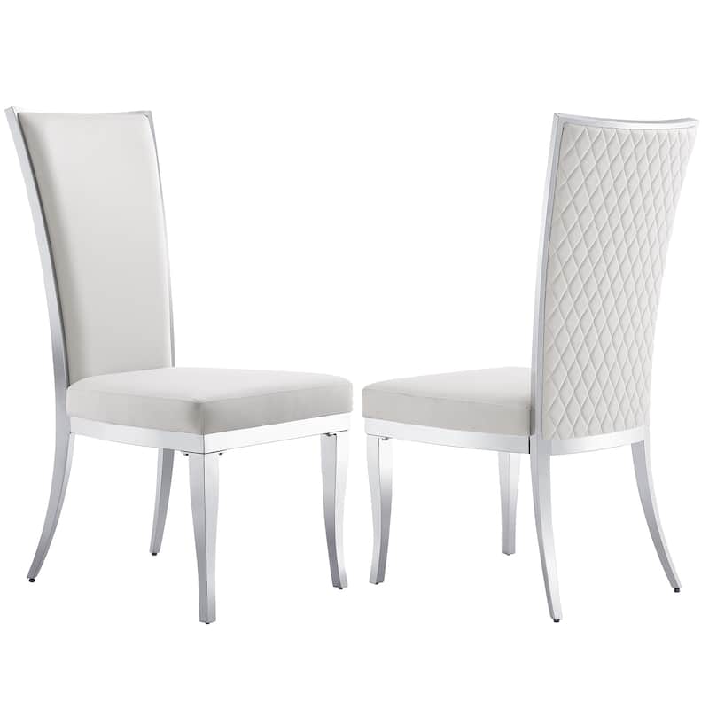 Upholstered dining chair with Hand-stitched diamond backrest and polished stainless steel legs - White/Silver