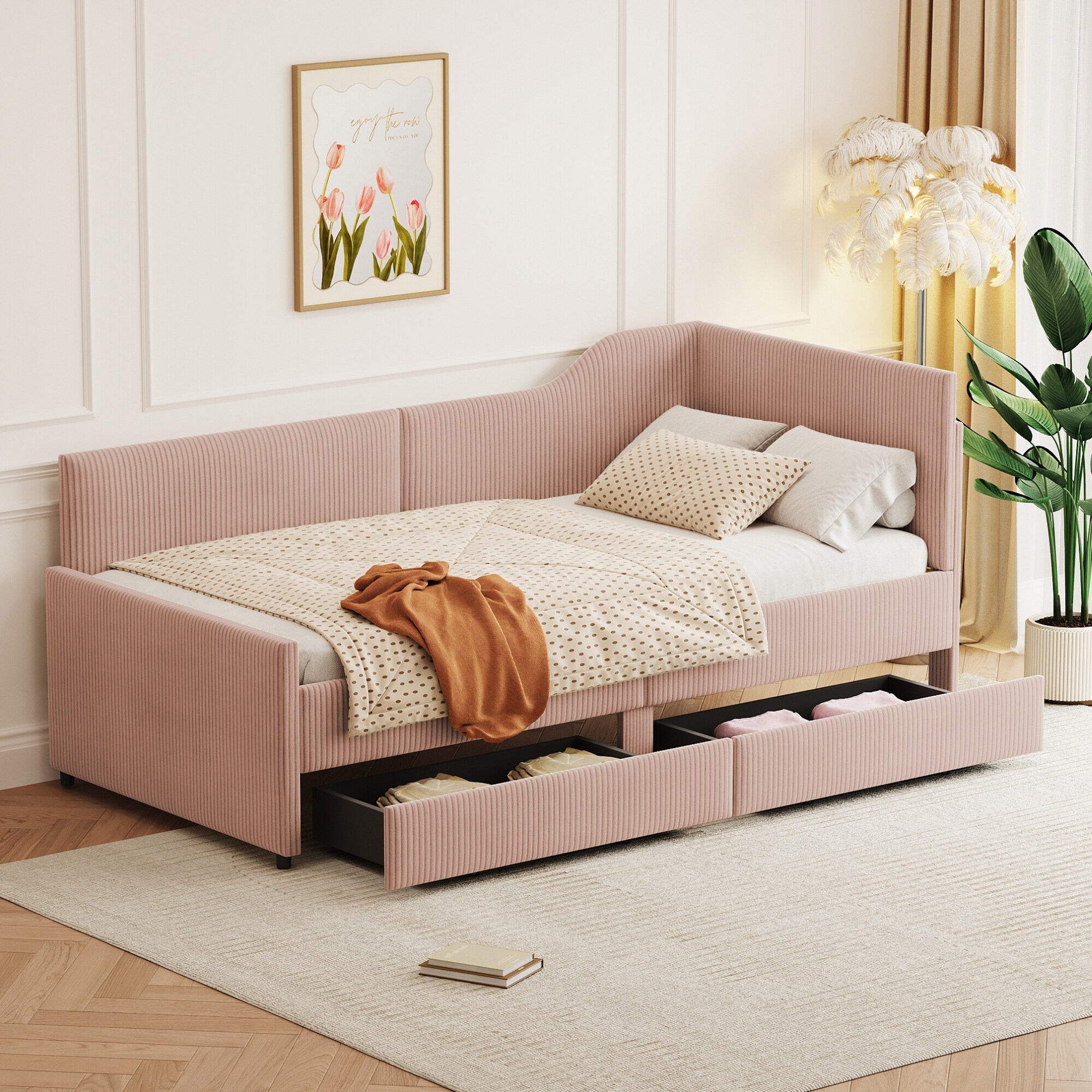 Twin Size Corduroy Daybed with Storage Drawers, Upholstered L