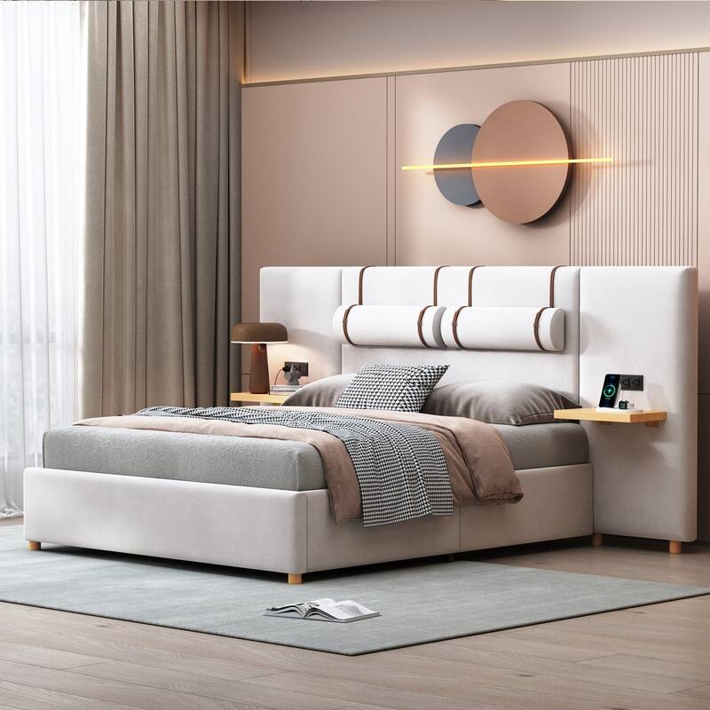 Velvet Upholstered Platform Bed with 2 Outlets,USB Charging Ports and Shelf - Beige - Queen