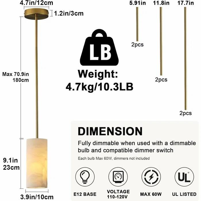 Dimmable LED Solid Brass Pendant Light with Spanish Alabaster Shade