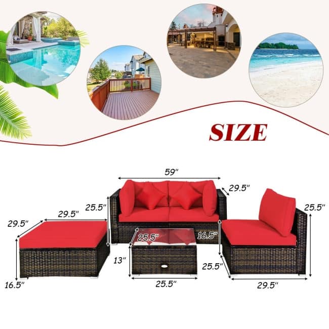 5 Pcs Outdoor Patio Rattan Furniture Set Sectional Conversation with Cushions - 29.5'' x 29.5'' x 25.5'' (L x W xH)