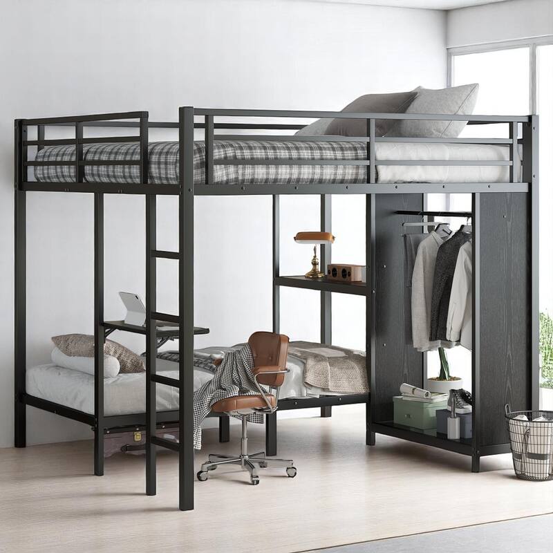 King Over Twin XL Metal Bunk Bed with Wardrobe, Foldable Side Desk & Shelf ,Space-Saving Loft Design with Storage for Bedroom - Black - King