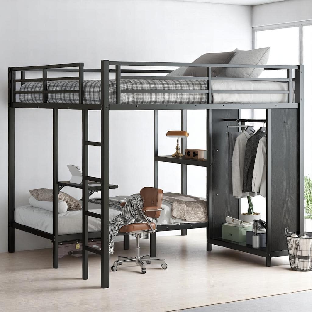 King Over Twin XL Metal Bunk Bed with Wardrobe, Foldable Side Desk & Shelf ,Space-Saving Loft Design with Storage for Bedroom