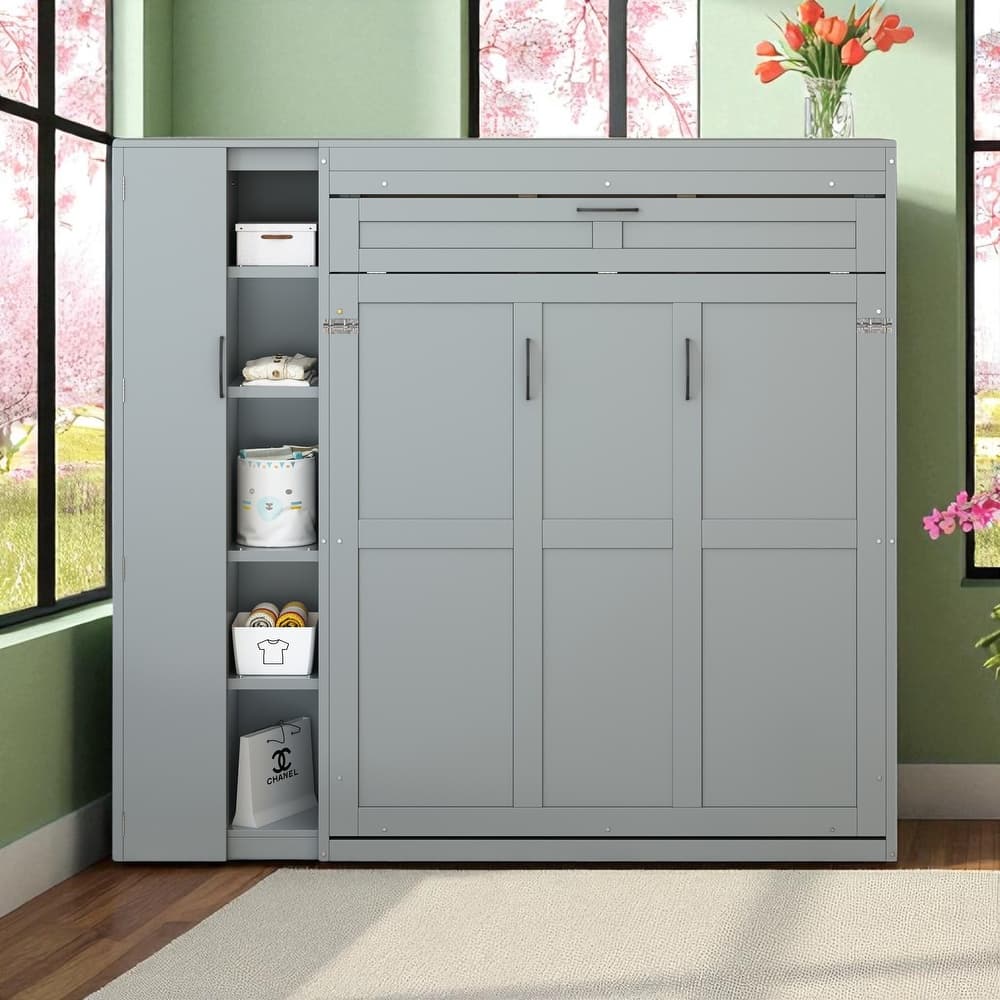 Full/Queen Murphy Wall Bed with Shelves, Wardrobe & LED Lights, Space-Saving Cabinet, 8-10" Mattress Compatible