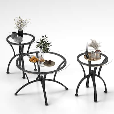 3 Piece Tempered Glass Surface Coffee Table Set, Decor Coffee Table Round End Side Table with Sturdy Construction