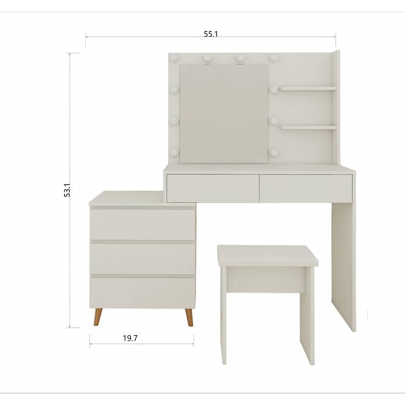 White LED Lighted Makeup Vanity Table with Mirror, Storage Drawers, Organizers & Stool, Modern Beauty Station for Small Rooms