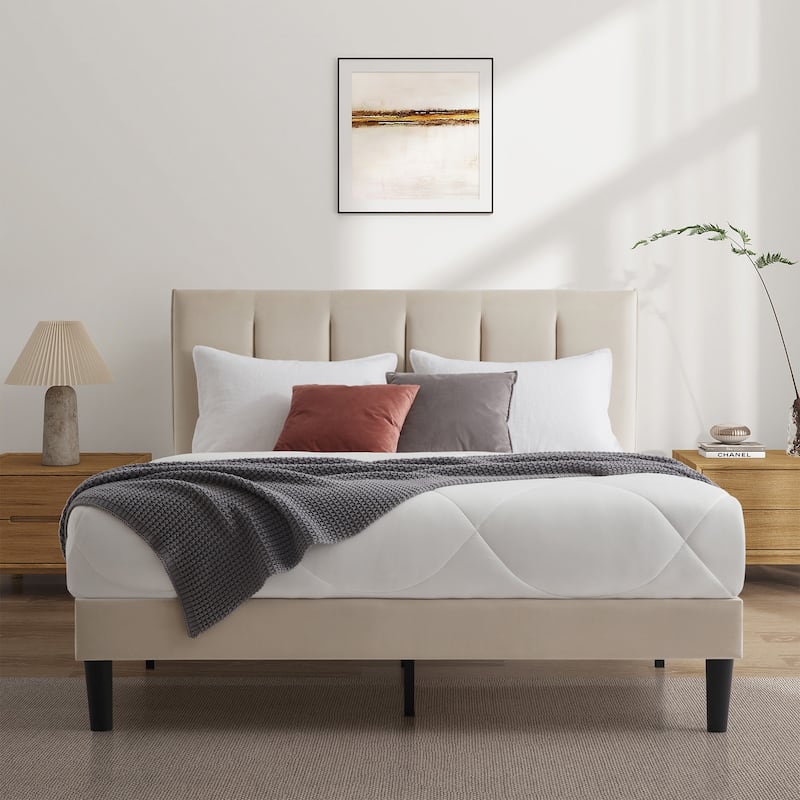 Upholstered Platform Bed Frame with Vertical Stripe Headboard - Beige - Queen