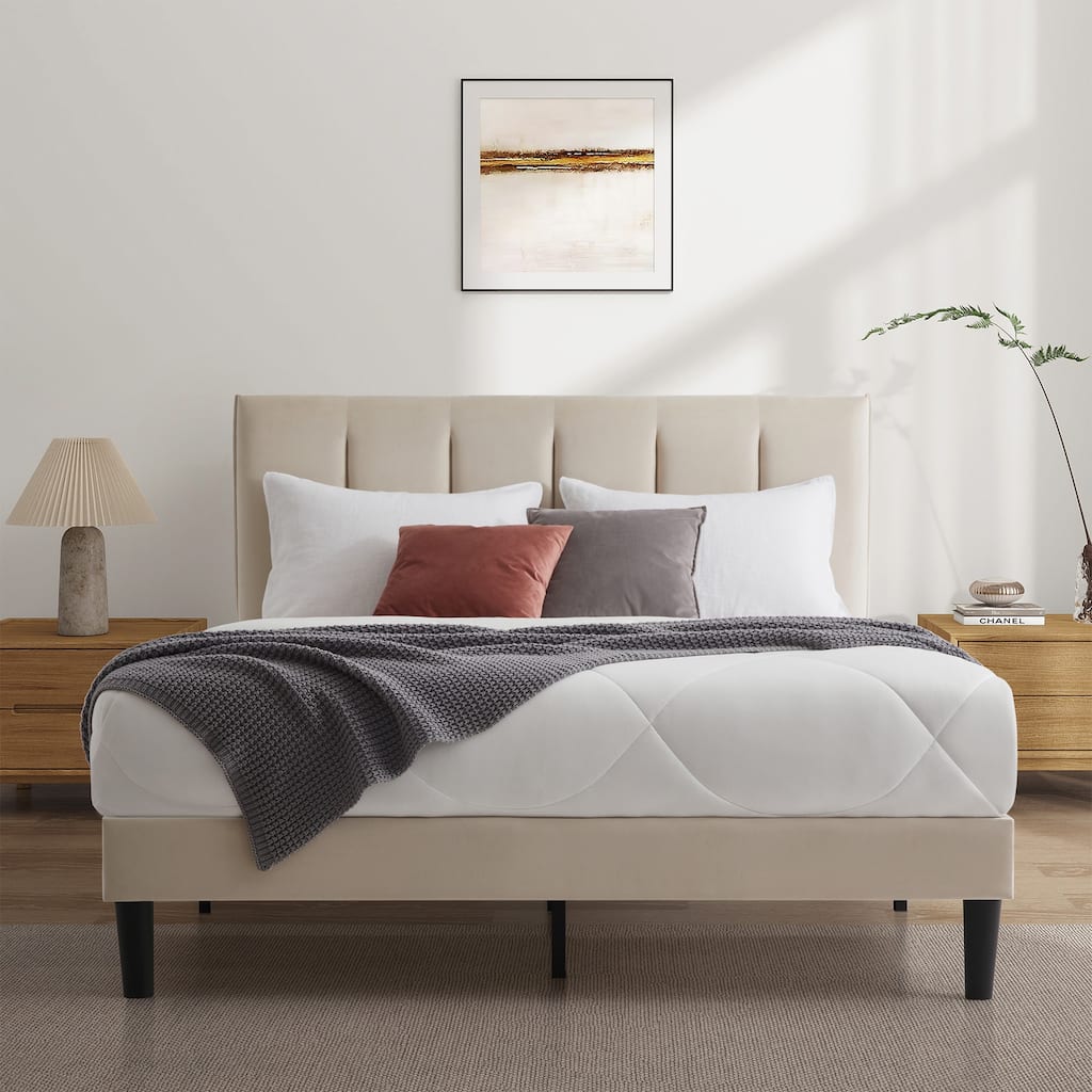 Upholstered Platform Bed Frame with Vertical Stripe Headboard
