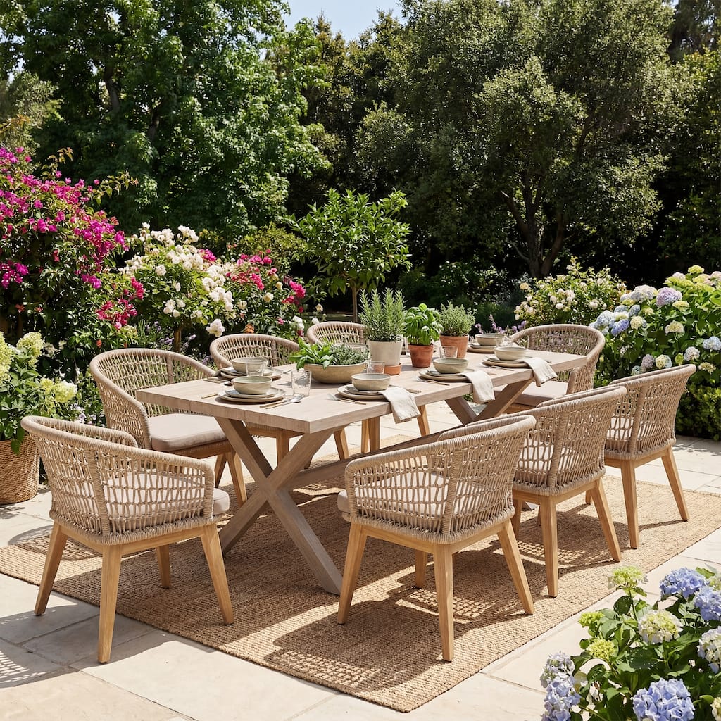 Acacia Wood & Aluminum Outdoor Dining Set - 8 Rope-Woven Chairs with X-Base Table & Umbrella Hole