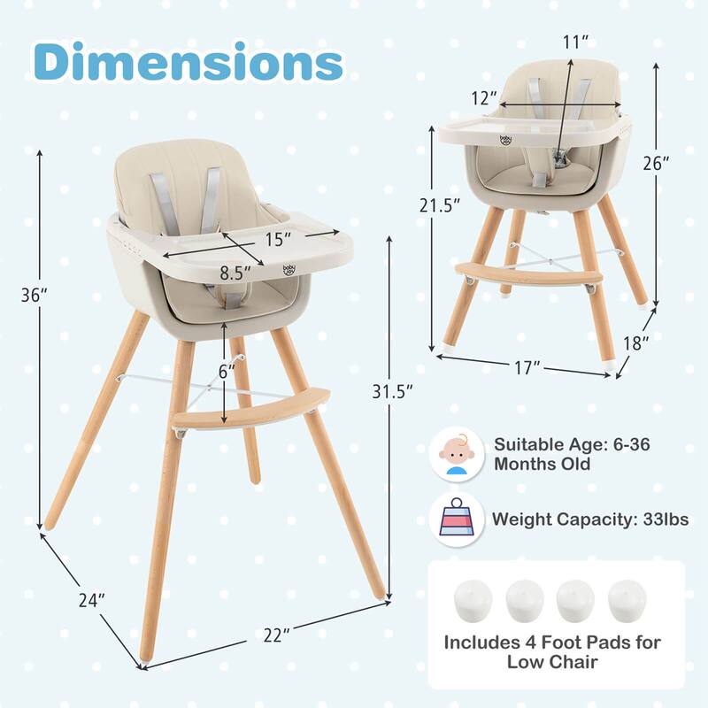 Babyjoy 3 in 1 Convertible Wooden High Chair Toddler Feeding Chair - 20.5" x 21.5" x 36"