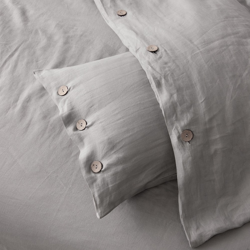 WHOLINENS Stone Washed French Linen Duvet Set 3Pcs Coconut Shell Button Closure