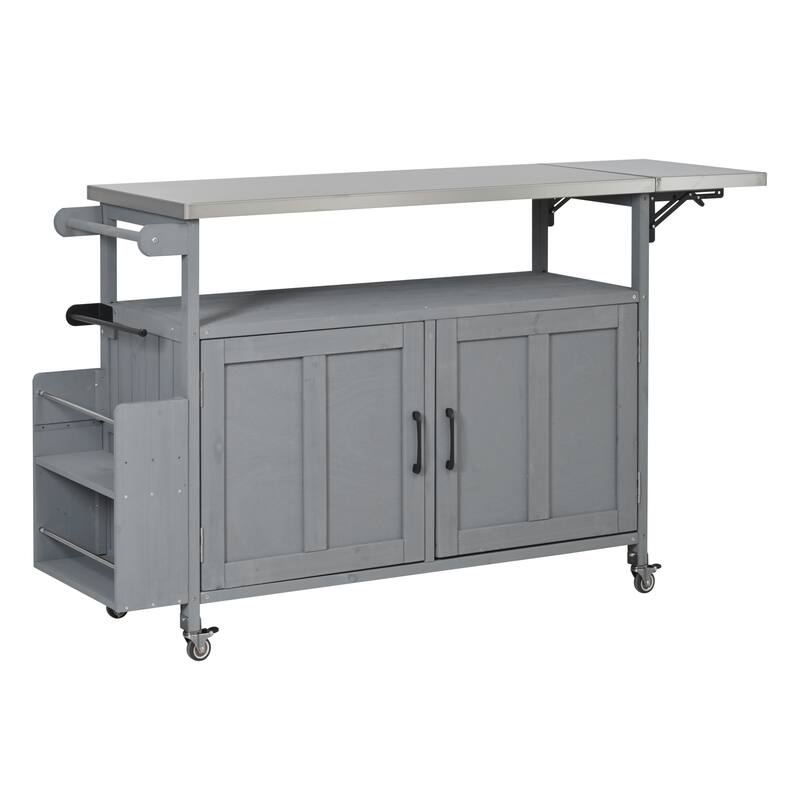 Foldable Outdoor Mobile Portable Kitchen Island Cart with Lockable Wheels, Storage Cabinet and Towel Rack