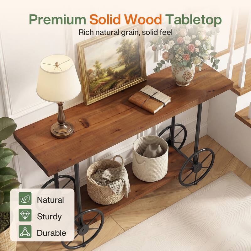 2-tier Solid Wood Console Sofa Table with Storage Shelves