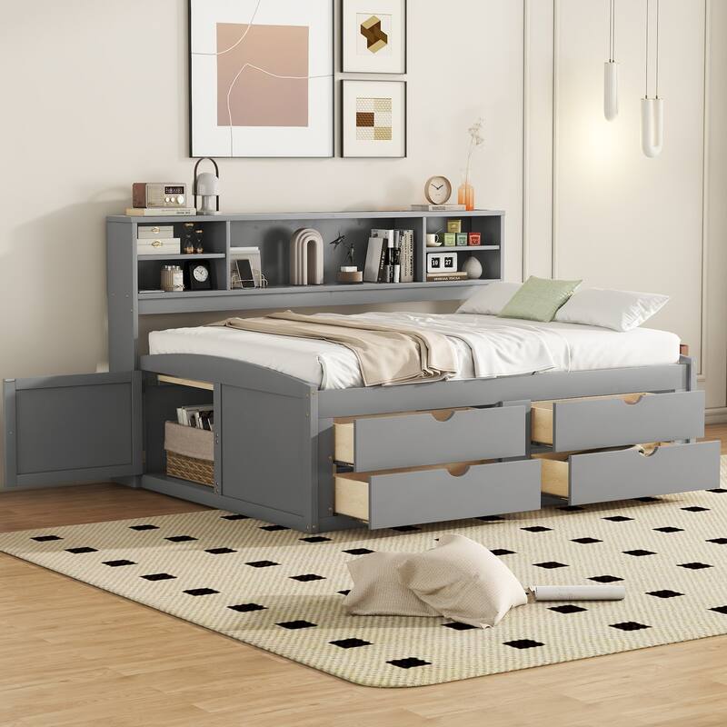 Full Size Daybed with Storage Bookcase and 4 Drawers, Wood Daybed Frame Sofa Bed with Upper Shelves and 2 Bedside Cabinets - Grey