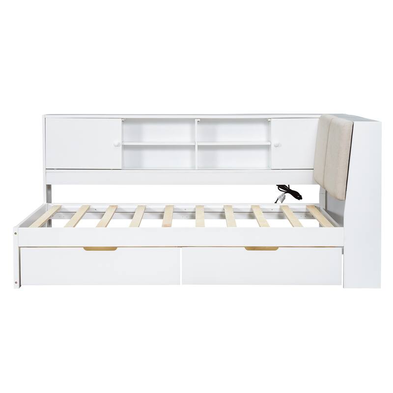 L-Shaped Daybed with Bookcase & USB Charging Port, Wood Floor Corner Bed Frame with Storage Drawers & Upholstered Headboard