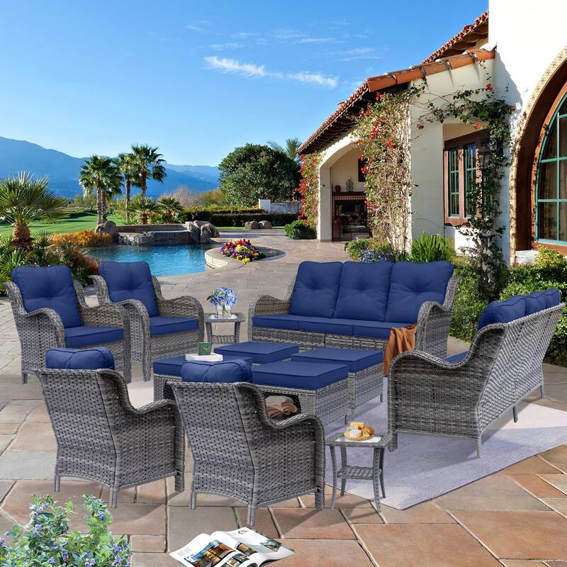 12 Piece Outdoor Wicker Patio Conversation Furniture Seating Sofa Sets - Navy Blue-Grey Rattan