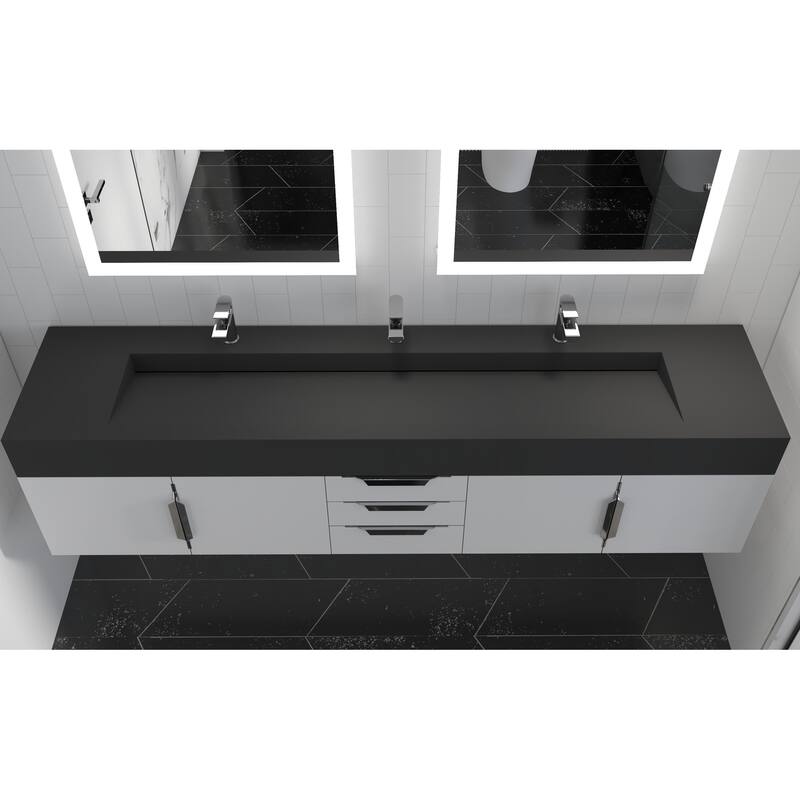 Nile 84-Inch Wall Mounted Bathroom Vanity Set w/ Black Top